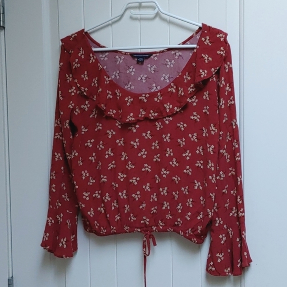 American Eagle Outfitters cropped dark red long bell sleeves blouse tunic
